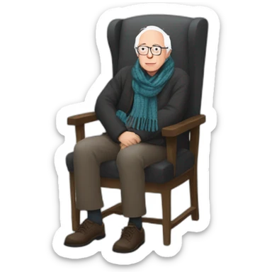 Bernie sanders sitting in chair with legs and arms crossed wearing a scarf sticker