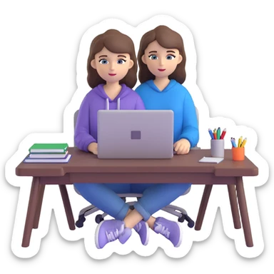 white girl with brown hair and blue eyes, sitting at a desk with a laptop, casual outfit sticker