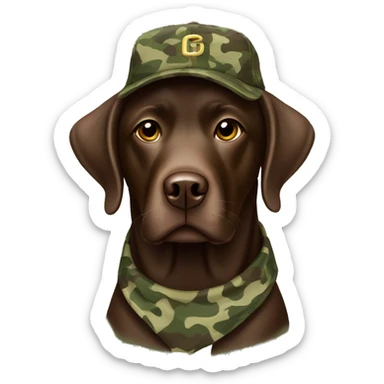 Chocolate Labrador wearing a camo hat sticker