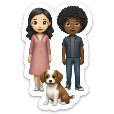 Asian girl, which has straight hair, and black boy, which had curly hair, with a dog sticker
