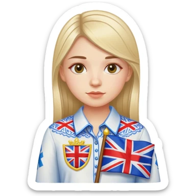 A Ukrainian girl wearing an embroidered shirt and a British flag sticker