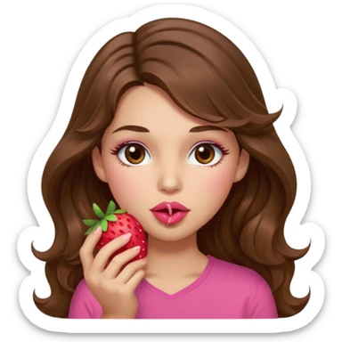 girl with long wavy brown hair, brown eyes, light to medium complexion, in a pink shirt, pink lips, long lashes, sexy , puckering lips kissing, blushing, eating a strawberry sexy sticker