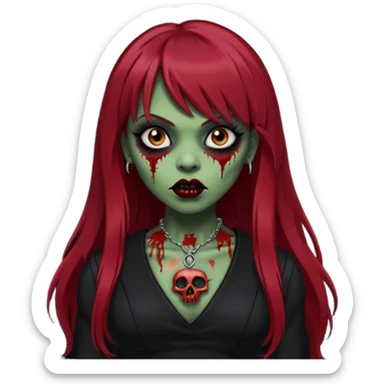vampira gótica parda zumbi de cabelo longo e vermelho escuro e franja e roupa com decote e batom preto sticker