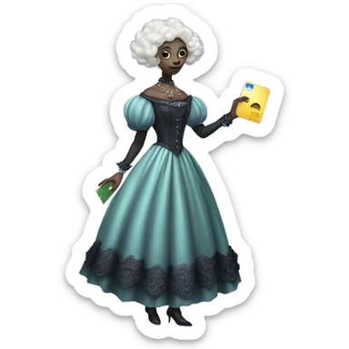 alien galora in Victorian dress elegant, full body, holding big credit card sticker