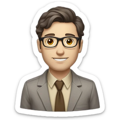Full height Pale skinned fit man with dark brown hair in gray jacket, beige office shirt, brown tie, brown pants and vintage glasses. His right hand stretched out sticker