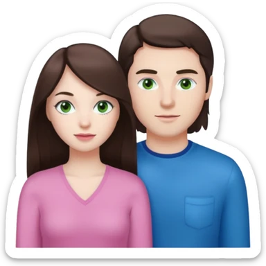 pink polaroid photo of a couple thats white with long brunette hair blue eyes and a white guy with short brunette hair and green eyes sticker