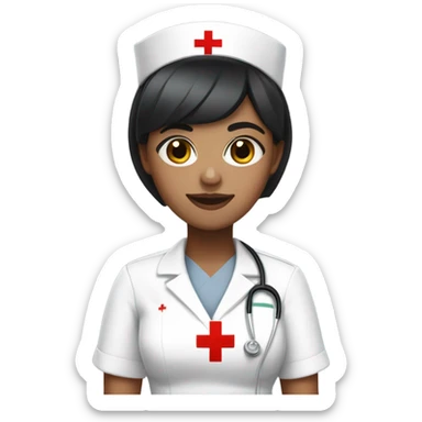 pixie cut black straight hair female nurse with red cross sign hat wearing dress
white skin color sticker