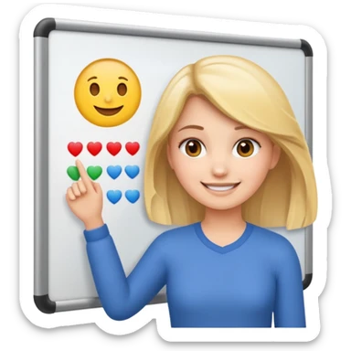 Make an emoji of a girl who is teaching how to make emojis on a board sticker