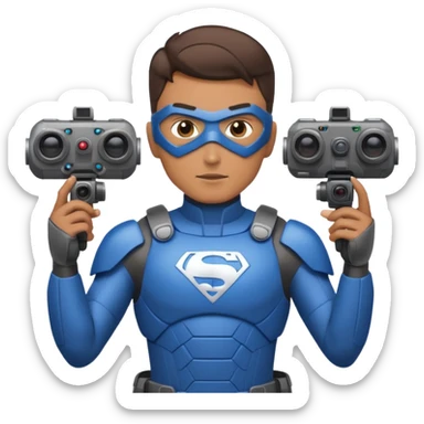 Un photographe homme high tech, une armure de terrain à la super héro. Il a des appareils photos, des caméras embarquées et un drone derrière lui en hauteur. sticker