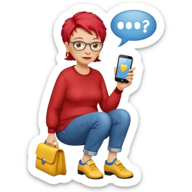 An old lady with red hair, wearing a red shirt, blue jeans, yellow shoes walking in a park holding a cell phone with a text bubble that says Have you checked in to the meetup? sticker