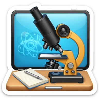 microscope next to a notebook sticker
