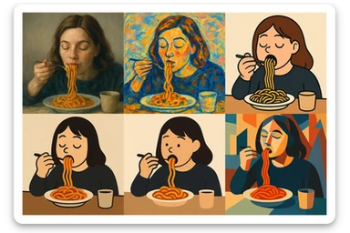 a woman eating food, diverse styles, scene 3 sticker