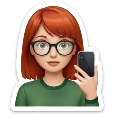 red haired woman with bangs, glasses, green blouse holding her phone having selfie sticker