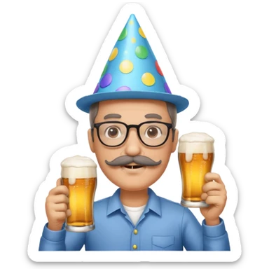 A man with moustache and specs holding a beer and celebrating birthday sticker