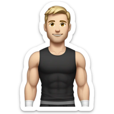 Pale skinned Fit Man With the biceps and dark brown hair in black shirt, gray sports shorts and white Sneakers His right hand near his back of the head sticker