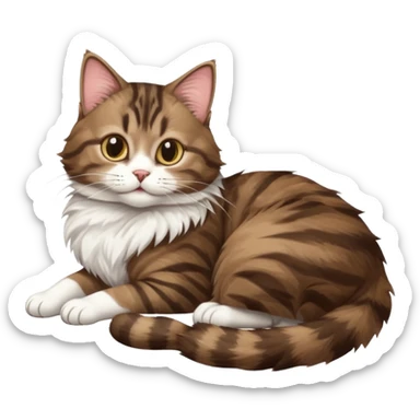 dark brown tabby and white cat with doing a big extremely long stretch reaching up into the air with arms and legs side by side together straight and overextended whilst lying on its side sticker