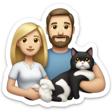 Family photo a fat husband with a beard is holding a white cat and wife with straight hair is holding a black cat sticker