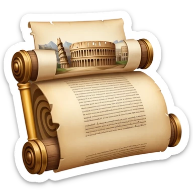 An icon featuring an ancient scroll, surrounded by famous historical landmarks and statues of notable figures, like the Colosseum or Napoleon. The design symbolizes the exploration of history through monuments and people. Transparent background highlights the pas sticker