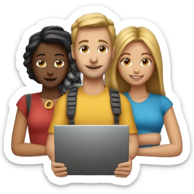 2 girl and 3 man each of them holding laptop and sit together  sticker