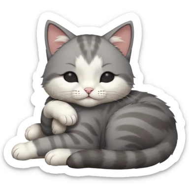 dark grey and white small cat with his eyes closed, leaning his head on his paw while leaning on his elbow lying down sticker