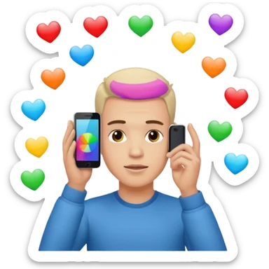 a guy holding 1 smartphone with both hands, smarphone should be horizontal, on top of his forehead sticker