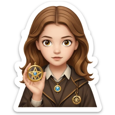 Barbara Palvin as Hermione Granger with brown eyes and holding a time turner sticker