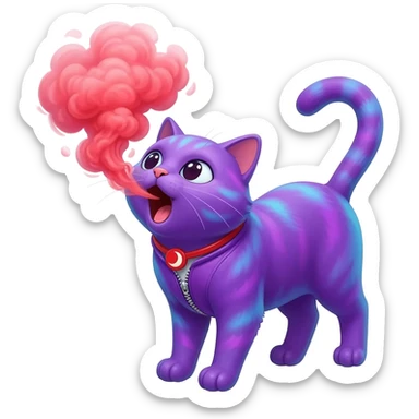 A purple cat spraying red smoke out its mouth with a crisant moon neckless with a zipper on its chest sticker