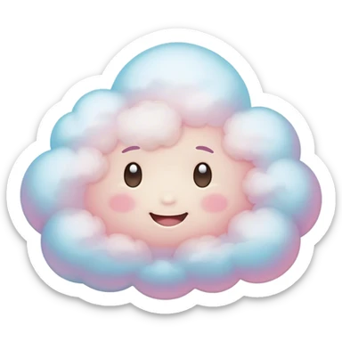 Cinematic round pastel cloud, soft puffy texture, gentle glowing edges, tiny happy face with blushing cheeks, floating in a dreamy sky, warm and magical. sticker