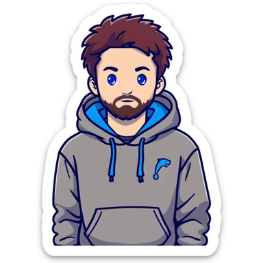 Full body Adult male with blue eyes and dark redish messy hair and trimmed facial hair wearing a gray puma hoodie sticker