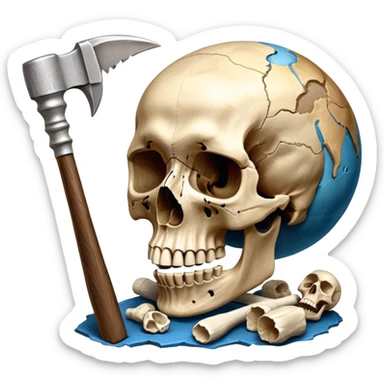An icon featuring a human skull and fossilized bones, symbolizing the study of anthropology. The design includes archaeological tools like a pickaxe and brush, with a background of ancient artifacts and a globe. Transparent background emphasizes the exploration of human history and evolution. sticker