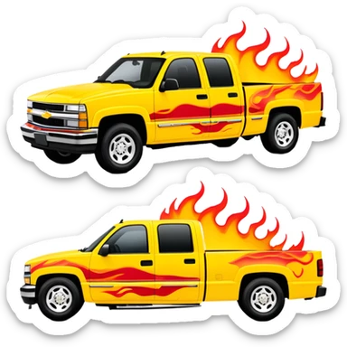 Yellow 1997 Chevrolet C-2500 Crew Cab Silverado with airbrushed red flame artwork on the hood and front fenders, custom painted flames like in Kill Bill movie, 30-degree view, iOS emoji style sticker