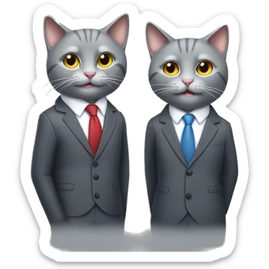 Two gray colored cats smiling wearing headphones standing back to back with suits    sticker