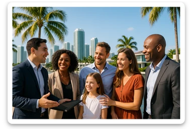 Foto hiper realista que refleje a nuestro cliente ideal de real estate: Profesionales y familias en transición Que desean mudarse a Miami o adquirir una segunda residencia, guiados por un equipo que habla su idioma —literal y figurativamente. sticker