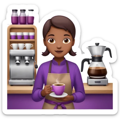 Create 3D minimalist emoji in the style of Coffee Lover — a coffee shop and roastery brand.
Style: cozy, warm.
Colors — purple-pink range.
barista with coffee
on the form it says "Coffee Lover" sticker