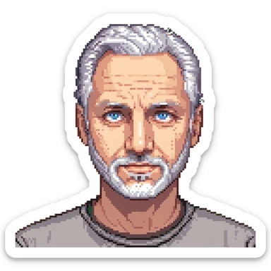 A middle-aged man with a medium slightly gray beard, short hair cut to the scalp on the sides and combed back on top, blue eyes sticker