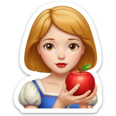 Create an emoji of Snow White holding a red apple, with short golden-brown hair. sticker