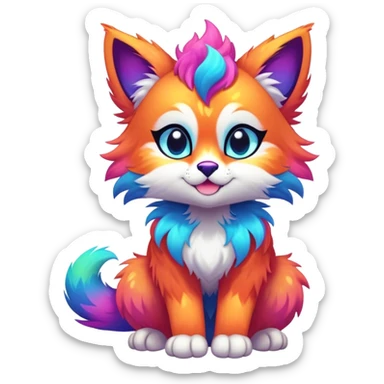 Vibrant multicolored neon-colored Falvie-Fionbri-creature-sparkle-feline-canine-hybrid-fursona, full body sticker
