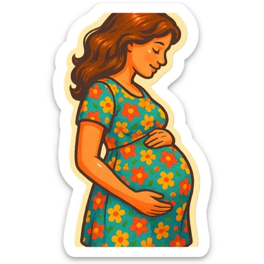 pregnant girl in floral print dress standing sideways holding belly, retro stickers style, soft rounded shapes, expressive contours, vintage color palette, light paper texture, shadows and highlights, transparent background sticker