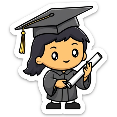 happy olive-skinned graduate with long wavy black hair wearing graduation cap and holding diploma sticker