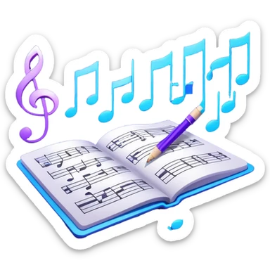 Emoji that represents music track writing. The design should feature a music composition sheet with musical notes and song lyrics, a digital audio workstation (DAW) interface or soundwaves, and a pencil or pen to symbolize the writing process. Add a touch of technology with subtle elements like sound mixing sliders or waveform graphics. Use a blend of vibrant and inspiring colors, such as electric blue or neon purple, to evoke a sense of creativity and innovation. The background should be transparent. sticker