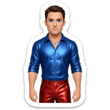 Henry Cavill with blue eyes, dark brown hair, blue metallic shirt, red metallic baggy pants, silver necklace sticker