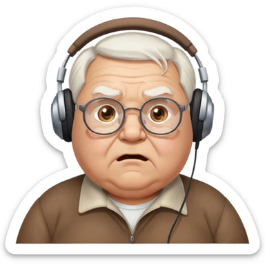 Very chubby brown old man with medium white hair, wearing glasses and headphones, looking surprised and angry, no facial hair, round full cheeks, double chin, looking to the upper left corner sticker