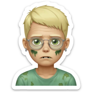 make a blond zombie boy, with a tired appearance, he wears frameless glasses, and 1 earring in each ear, a point of light earring style sticker