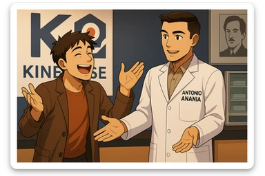  rappresenta un webtoon manga a colori con questo stile, in cui un uomo esclama una cosa entusiasta al kinesiologo con il camice bianco (fagli anche la scritta "ANTONIO ANANIA" SUL CAMICE), IL KINESIOLOGO lo aspetta a braccia aperte. l'espressione dell'uomo è felice e soddisfatta, non fare i fumetti però, fai solo in modo che sembri stiano parlando sticker