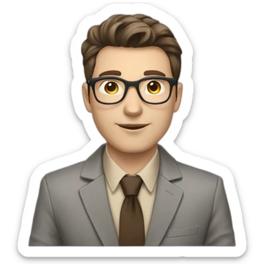 Pale skinned fit man with dark brown hair in gray jacket, beige office shirt, brown tie, brown pants and vintage glasses Writing on the tablet sticker