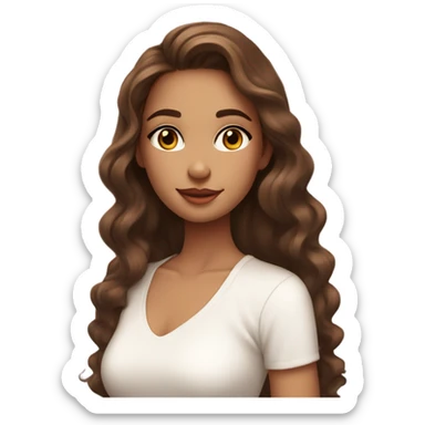 A girl with long, wavy brown hair, glowing skin, soft makeup, wearing a white top, sticker
