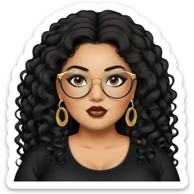 big plus size, latina, darker tan skin, long black curly hair, baddie,pretty, makeup, lipliner, black eyeliner, long hair, gold earrings, black top, black glasses sticker