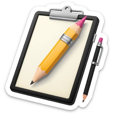 Create an icon representing the process of creating a black-and-white caricature. Include a pencil, a sketchpad with a humorous, exaggerated figure, and inking tools. Use bold lines and shading, with a transparent background. sticker