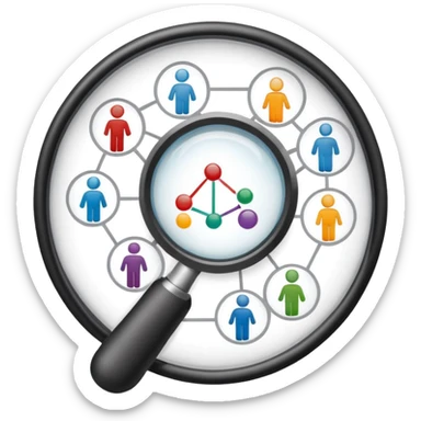 An icon featuring a network of interconnected people, a magnifying glass, and a chart, symbolizing sociology. The design includes diverse figures and social patterns, representing the study of society, behavior, and social structures. Transparent background highlights human interaction sticker