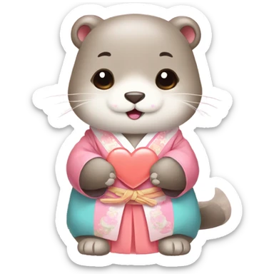 A cute and lovely otter dressed in pastel-colored traditional Korean hanbok, holding a coral-pink heart sticker
